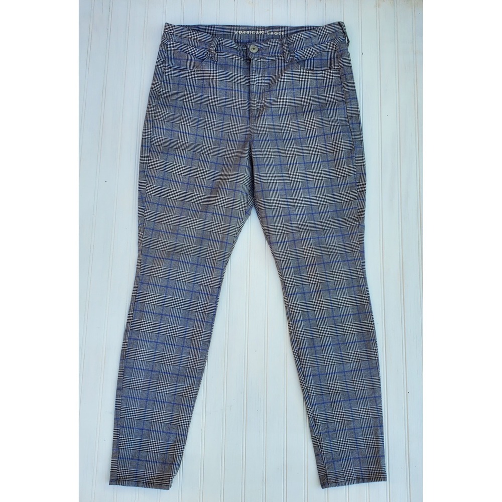 American Eagle Super Stretch Plaid Pants Womens 12 Regular Blue Gray Glen Check